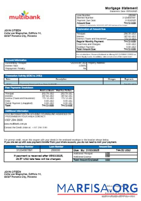 Downloadable Panama Multibank mortgage statement in Word and PDF formats real example